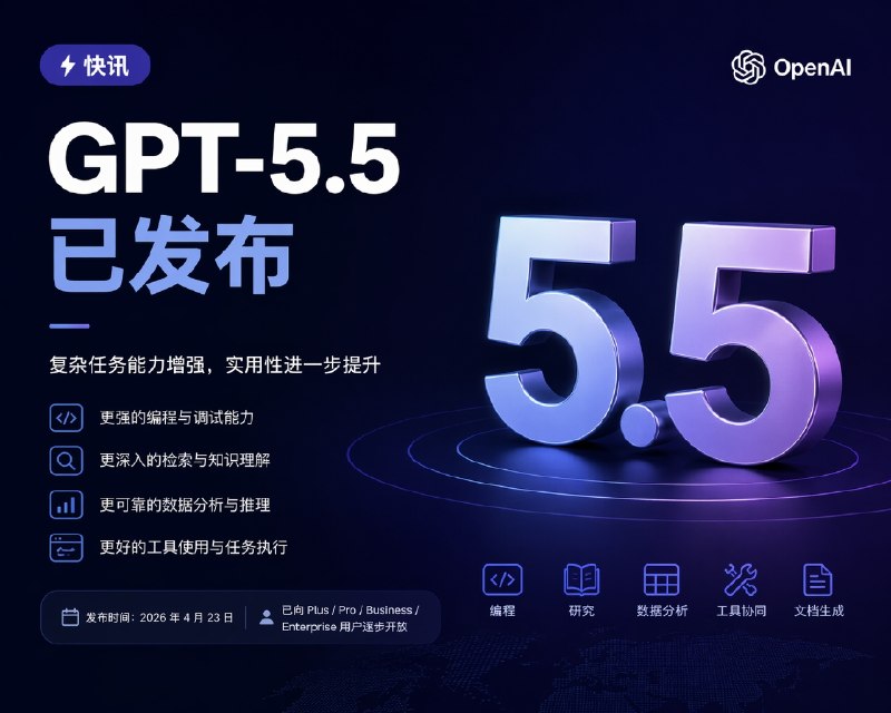 OpenAI 发布 GPT-5.5OpenAI 已于 2026 年 4 月 23 日发布 GPT-5.5