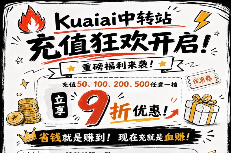 🔥 kuaiai中转站 充值狂欢开启！重磅福利来袭！充值50、100、200、500任意一档，立享9折优惠！省钱就是赚到！现在充就是血赚！活动仅限一周